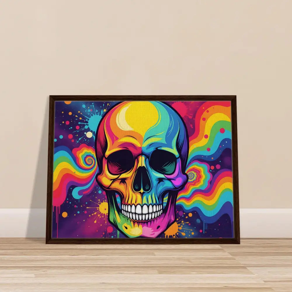 Colorful framed neon psychedelic skull art on canvas for urban modern decor