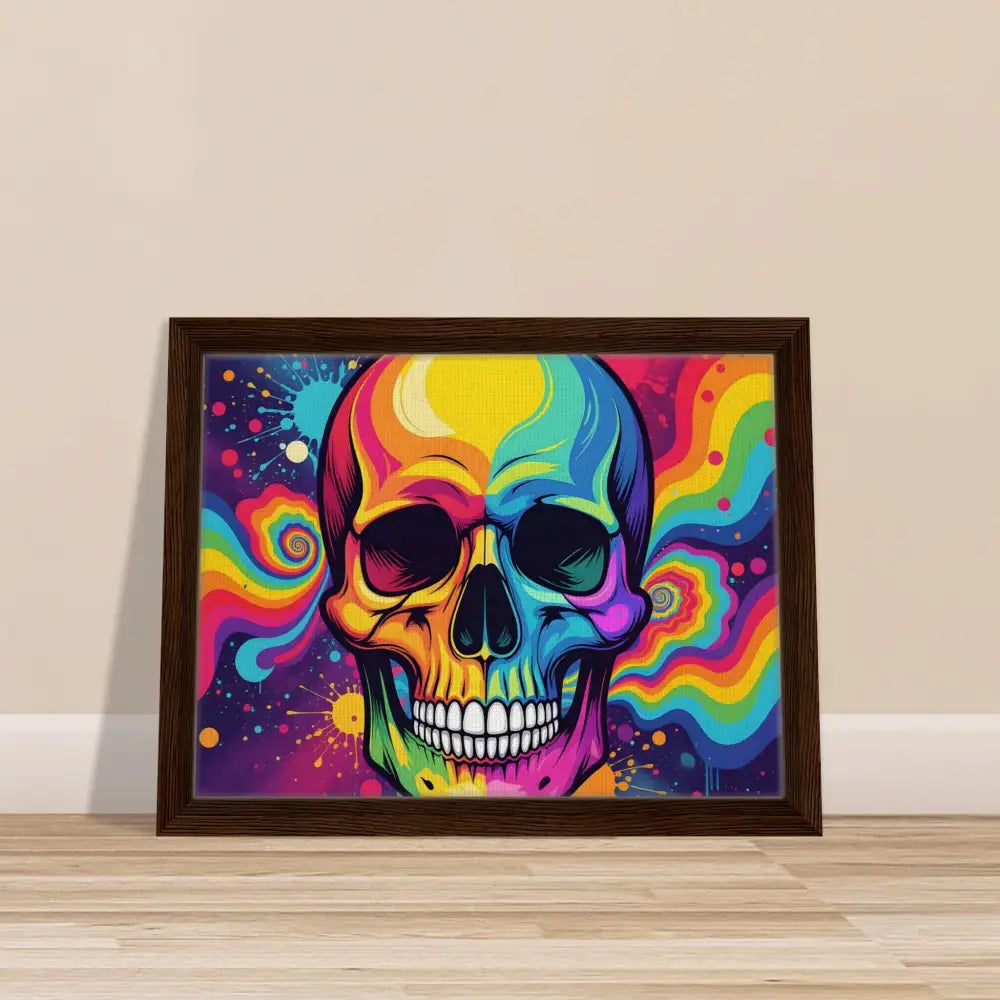 Framed colorful neon psychedelic skull artwork on display in urban art style