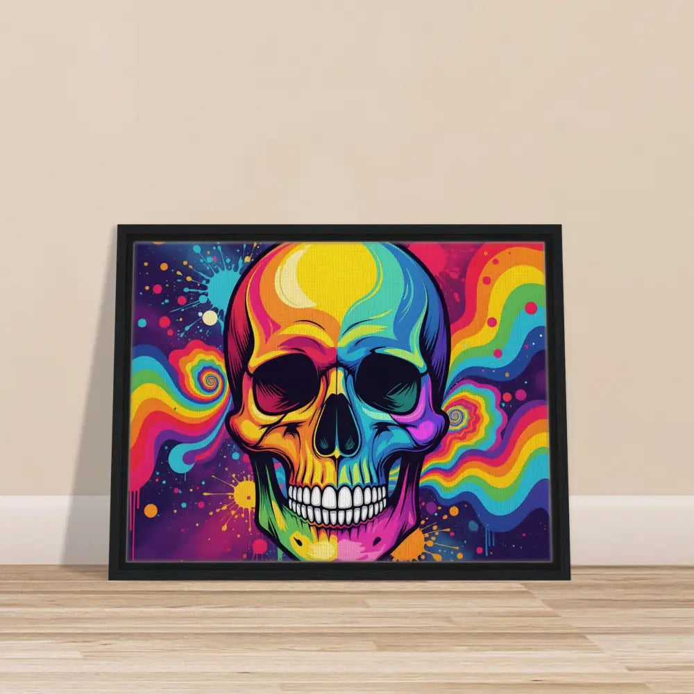 Framed colorful skull art on canvas showcasing Neon Psychedelic Skull by PixiOnyx