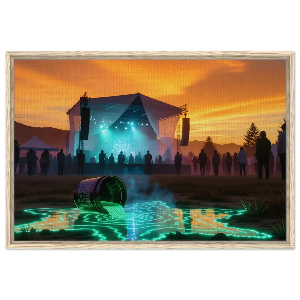 Framed Canvas Neon Spill Festival with glowing liquid spill in concert scene display