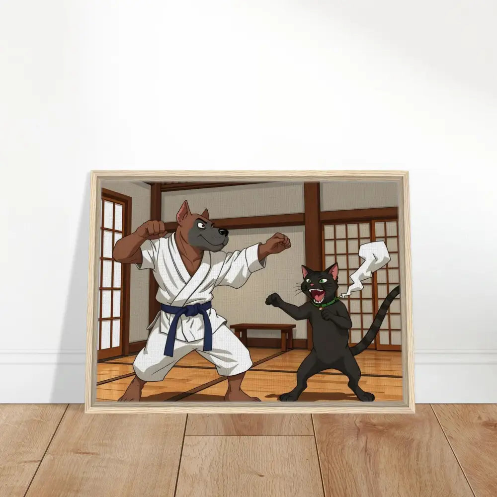 Framed cartoon of a dog and cat in karate stances from Paws of Fury Canvas artwork
