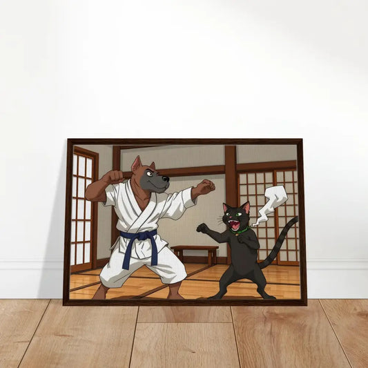Framed cartoon of a dog and cat practicing karate for PixiOnyx Martial Mayhem canvas artwork