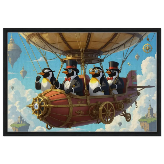 Steampunk penguin on a zeppelin airship in a surreal setting for PixiOnyx framed canvas