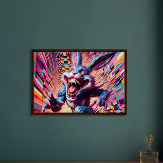Framed psychedelic rabbit art displayed in PixiOnyx Glitched Luxe Frame for modern wall decor