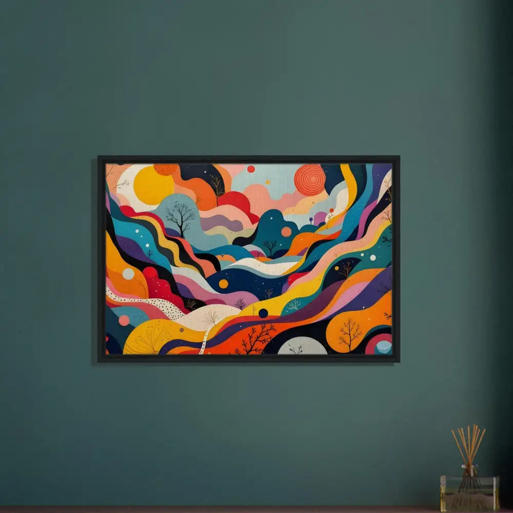 Framed abstract psychedelic landscape painting on wall art canvas in modern decor style