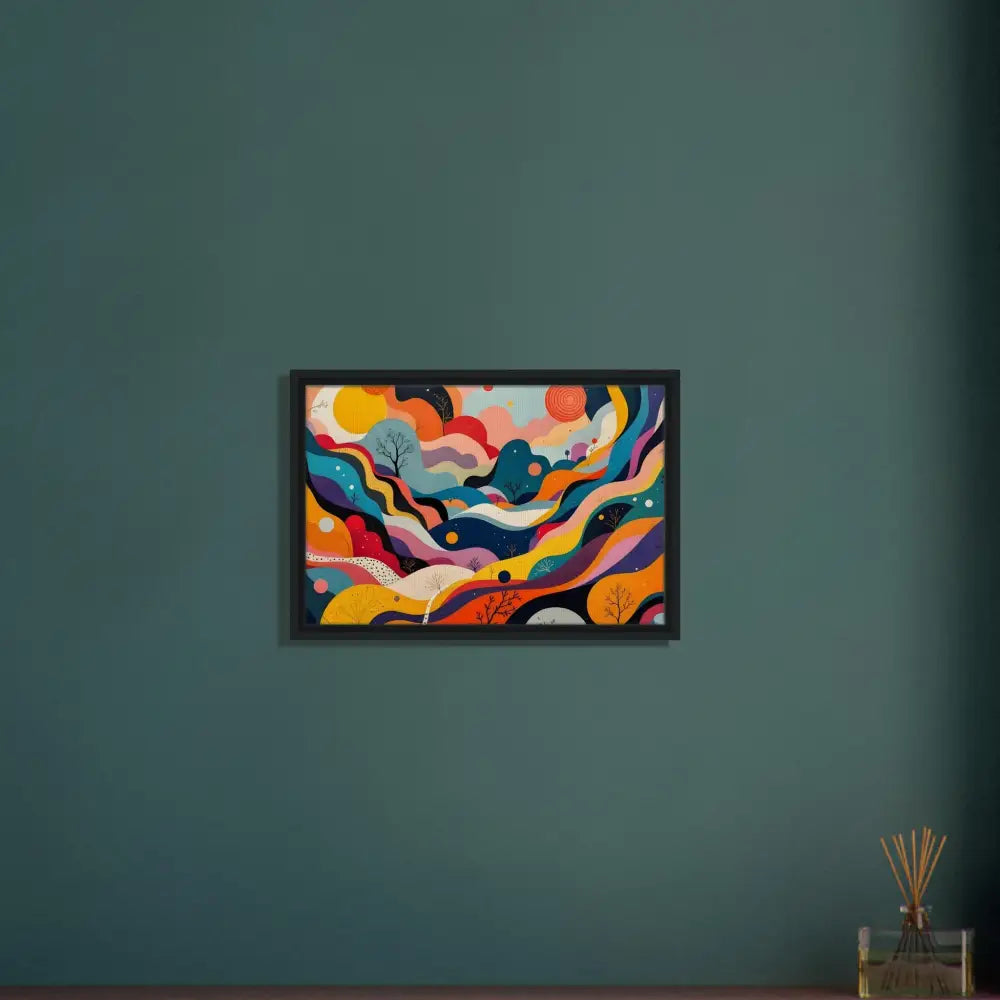Framed abstract psychedelic landscape painting displayed as PixiOnyx Wall Art