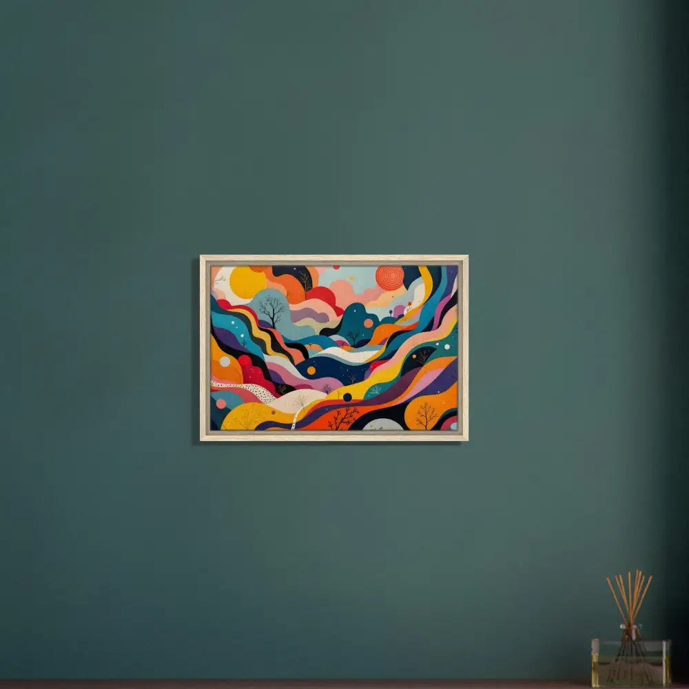 Colorful abstract landscape painting in a frame displayed as PixiOnyx Wall Art