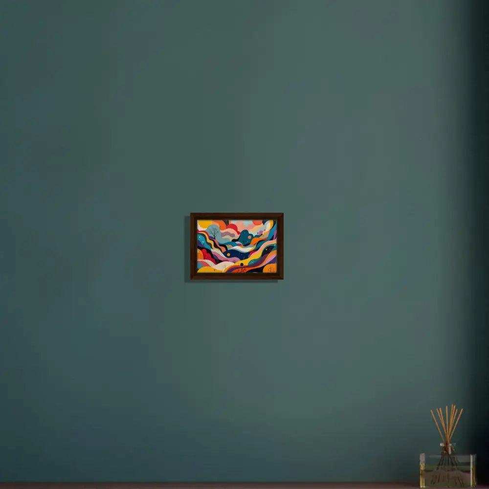 Framed abstract psychedelic landscape canvas artwork displayed in PixiOnyx Wall Art product