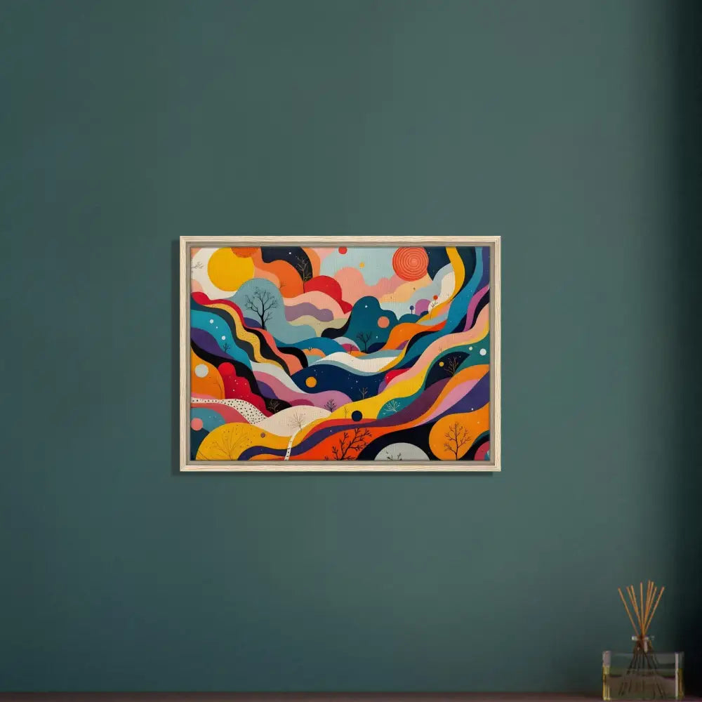 Framed colorful abstract landscape painting on wall in Psychedelic Landscape Flowstate Canvas art