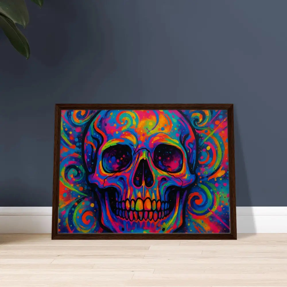 Colorful framed skull art on canvas from PixiOnyx Urban Art Luxe Psychedelic Skull Eruption