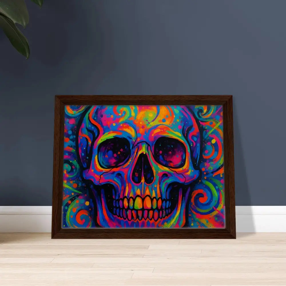 Framed colorful psychedelic skull art on canvas for urban home decor