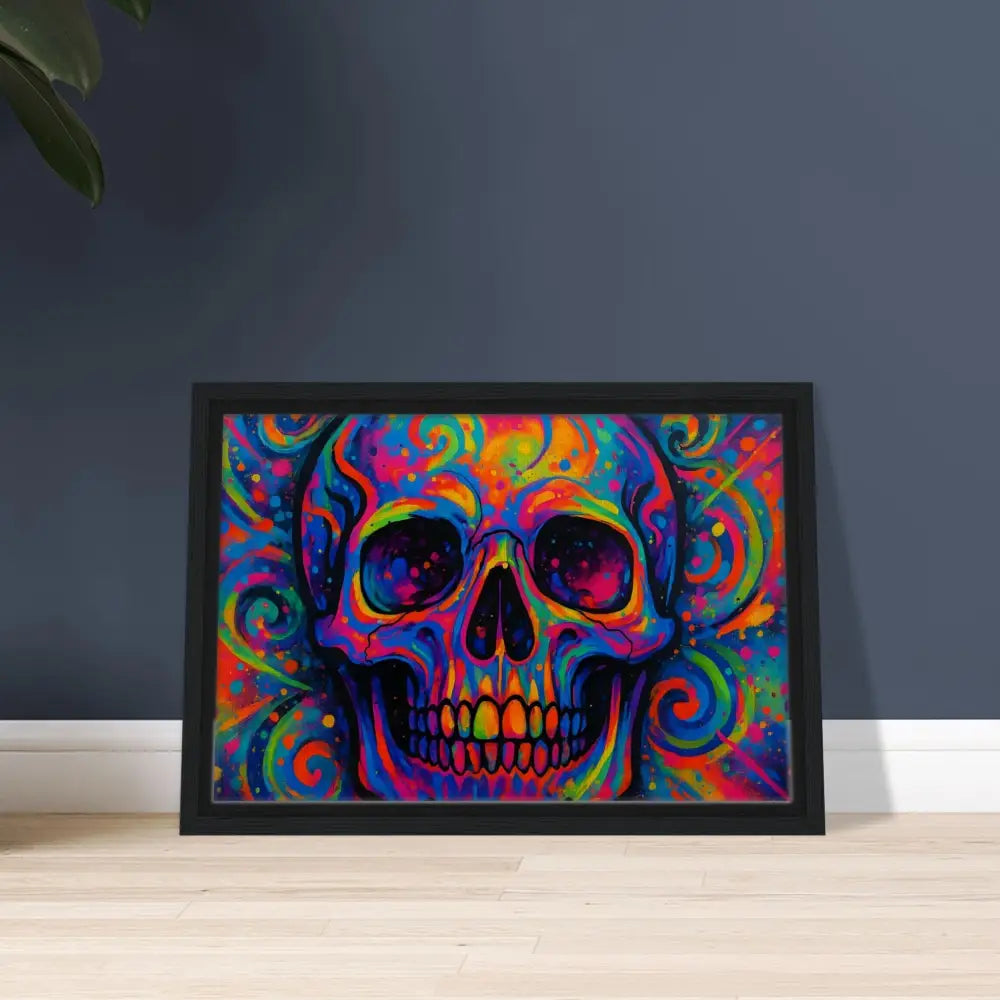 Framed colorful skull art on canvas from PixiOnyx Urban Art Luxe Psychedelic Skull Eruption
