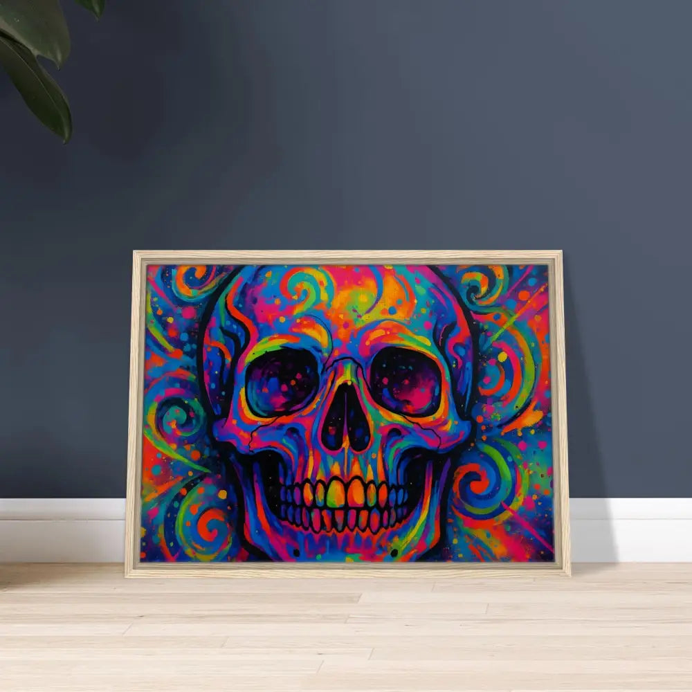 Framed colorful skull art canvas from PixiOnyx Urban Art Luxe for vibrant home decor