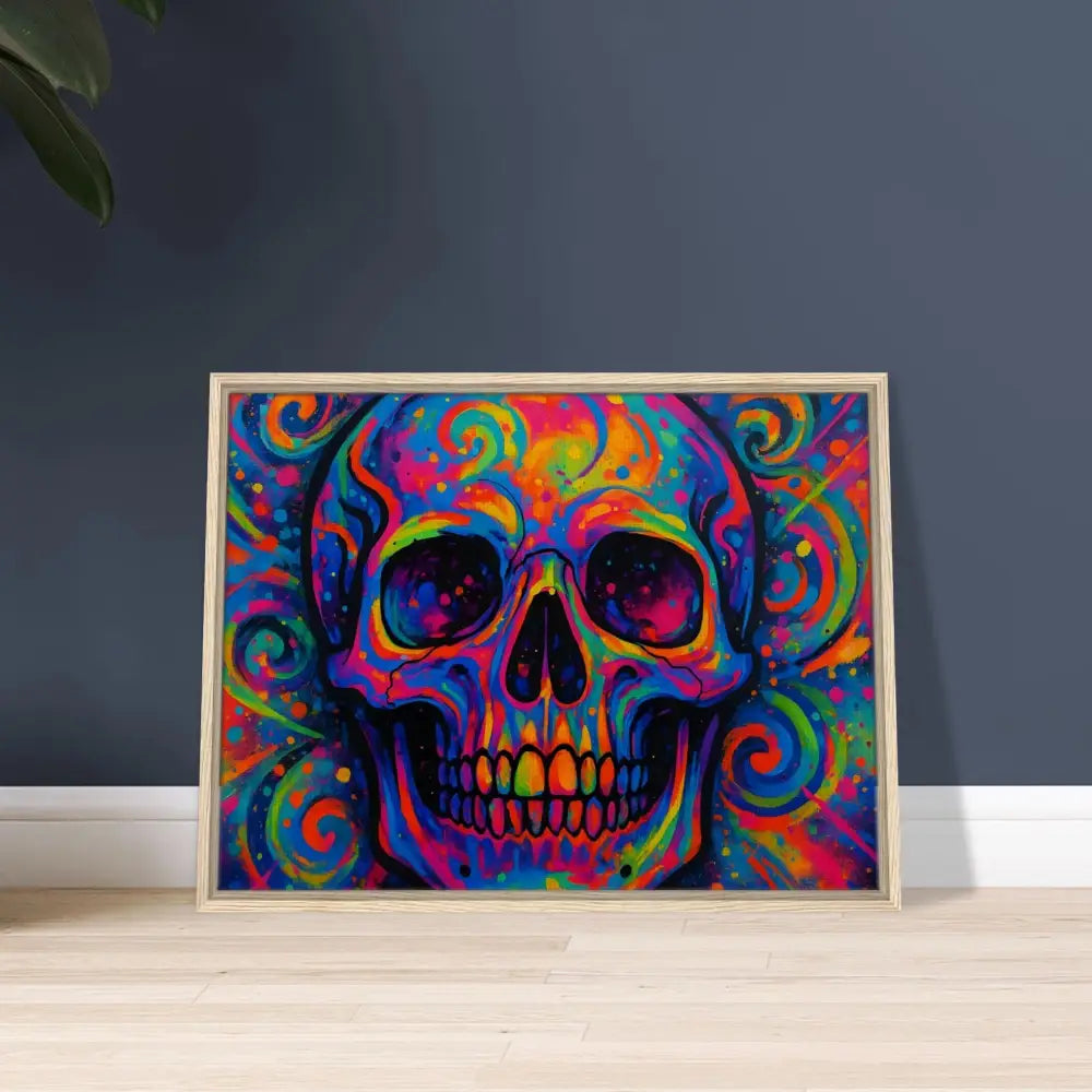 Colorful psychedelic skull artwork on framed canvas for urban art decor