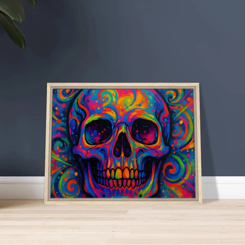 Framed colorful psychedelic skull art on display in PixiOnyx Urban Art Luxe product