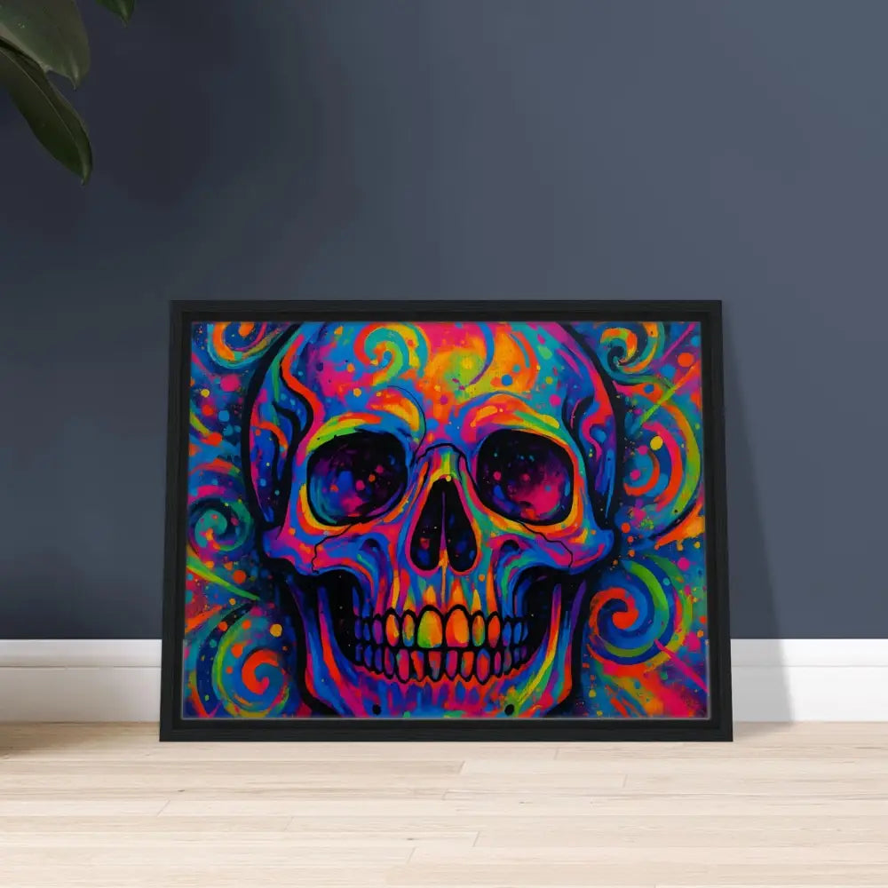 Framed colorful psychedelic skull artwork on canvas for urban art decor