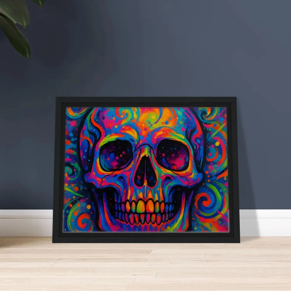 Framed colorful skull art on canvas for urban psychedelic wall decor