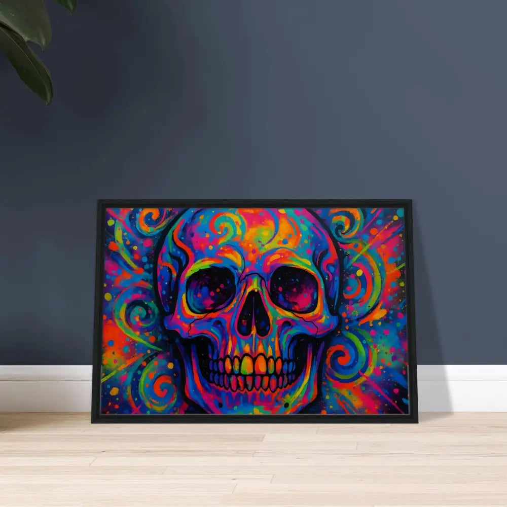 Colorful skull art print on framed canvas Psychedelic Skull Eruption PixiOnyx Urban Art Luxe