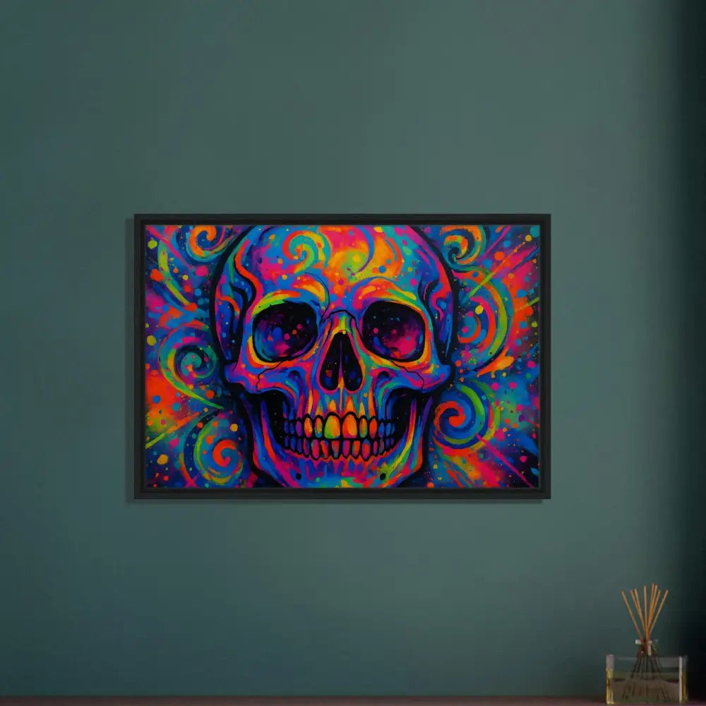 Colorful skull artwork on framed canvas titled Psychedelic Skull Eruption by PixiOnyx Urban Art Luxe