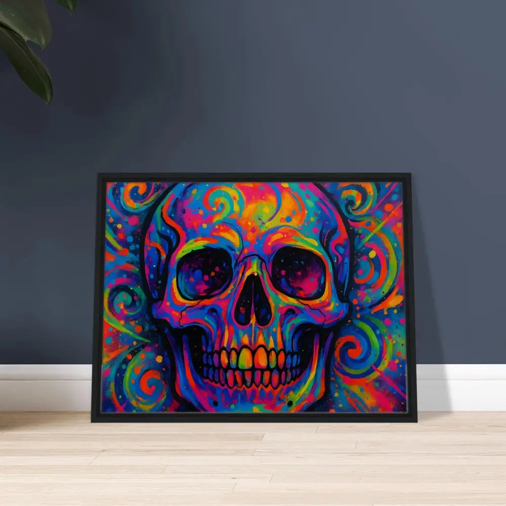 Framed colorful skull art for urban modern decor in PixiOnyx Canvas Psychedelic Skull Eruption