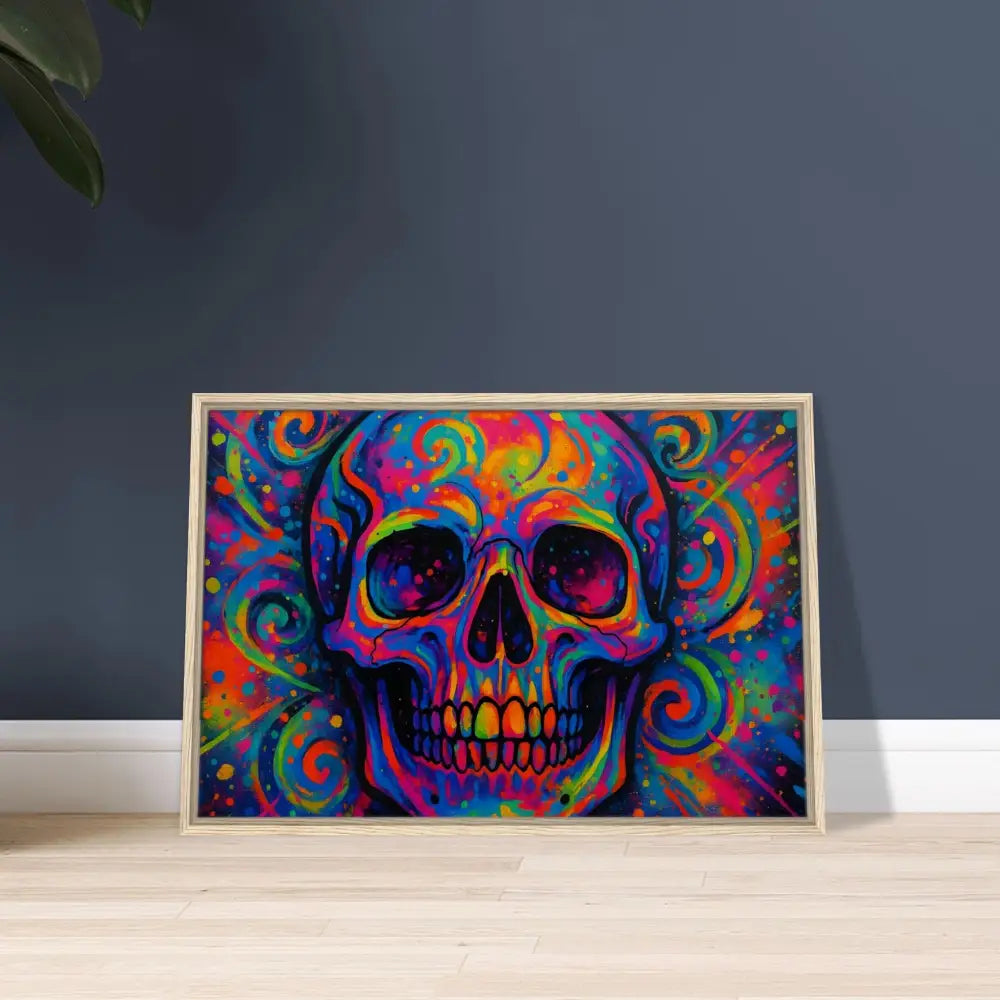 Colorful skull artwork on framed canvas titled Psychedelic Skull Eruption by PixiOnyx Urban Art Luxe
