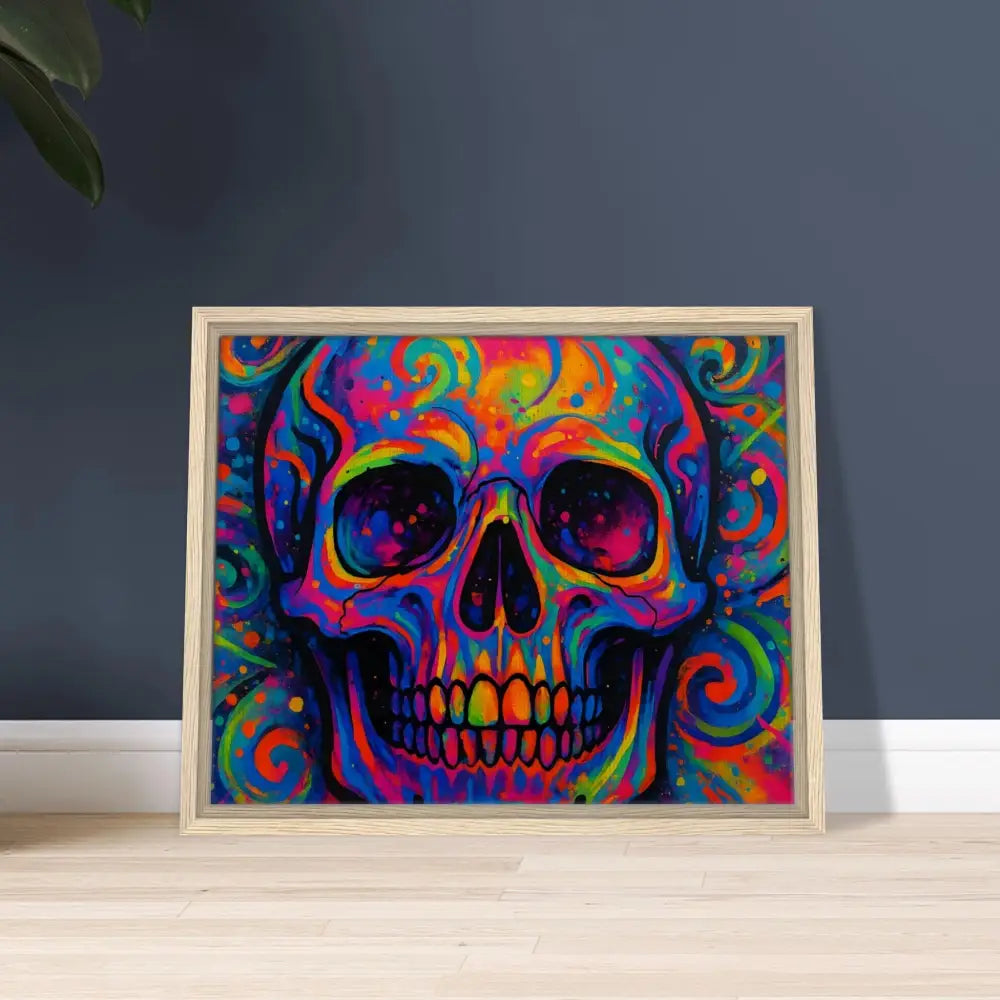 Framed colorful skull art on canvas titled Psychedelic Skull Eruption by PixiOnyx Urban Art Luxe