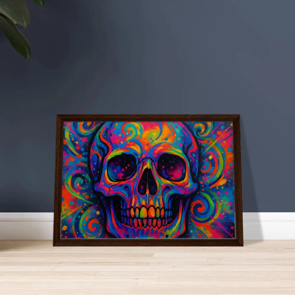 Colorful skull art print on framed canvas for Psychedelic Skull Eruption PixiOnyx Urban Art Luxe