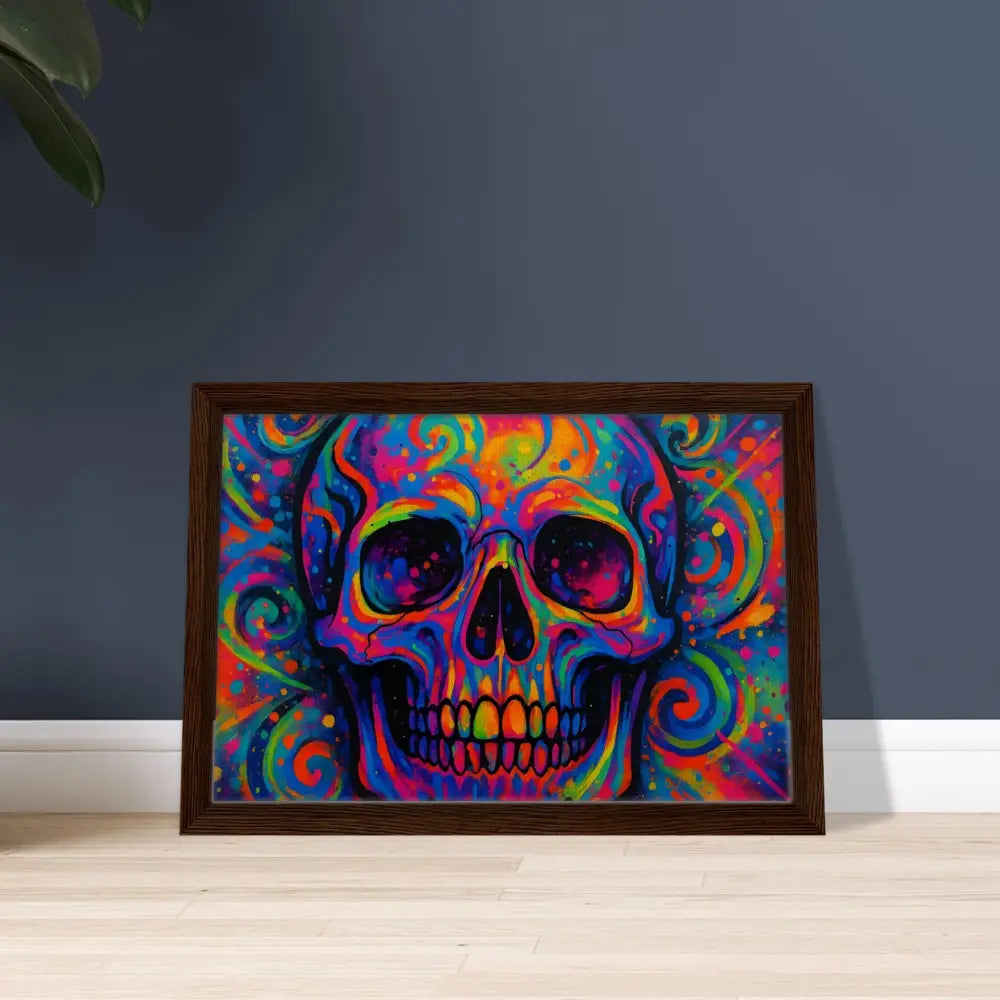 Colorful psychedelic skull artwork in a dark frame for urban art decor