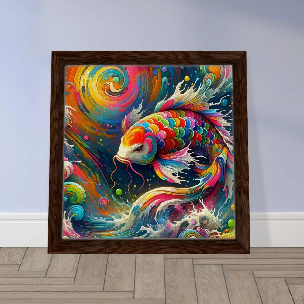 Colorful framed koi fish canvas art in vibrant rainbow hues for decorative wall display