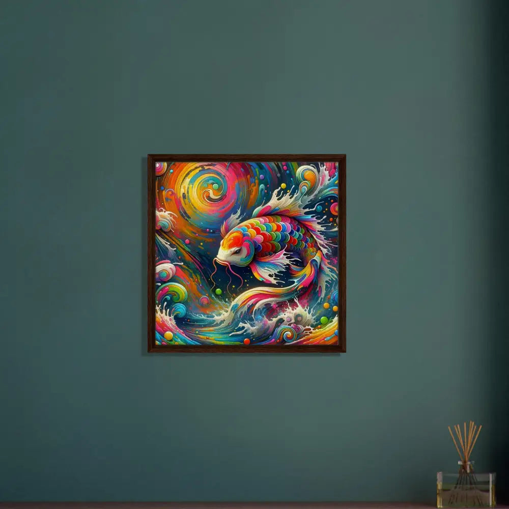 Colorful framed Koi fish painting on canvas in psychedelic nature theme at PixiOnyx