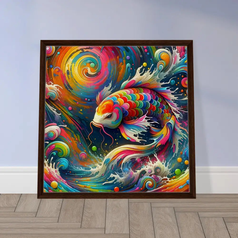 Framed colorful koi fish art on canvas in rainbow and psychedelic nature style