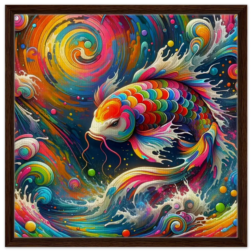 Vibrant colorful koi fish painting on framed canvas in Rainbow Koi PixiOnyx artwork