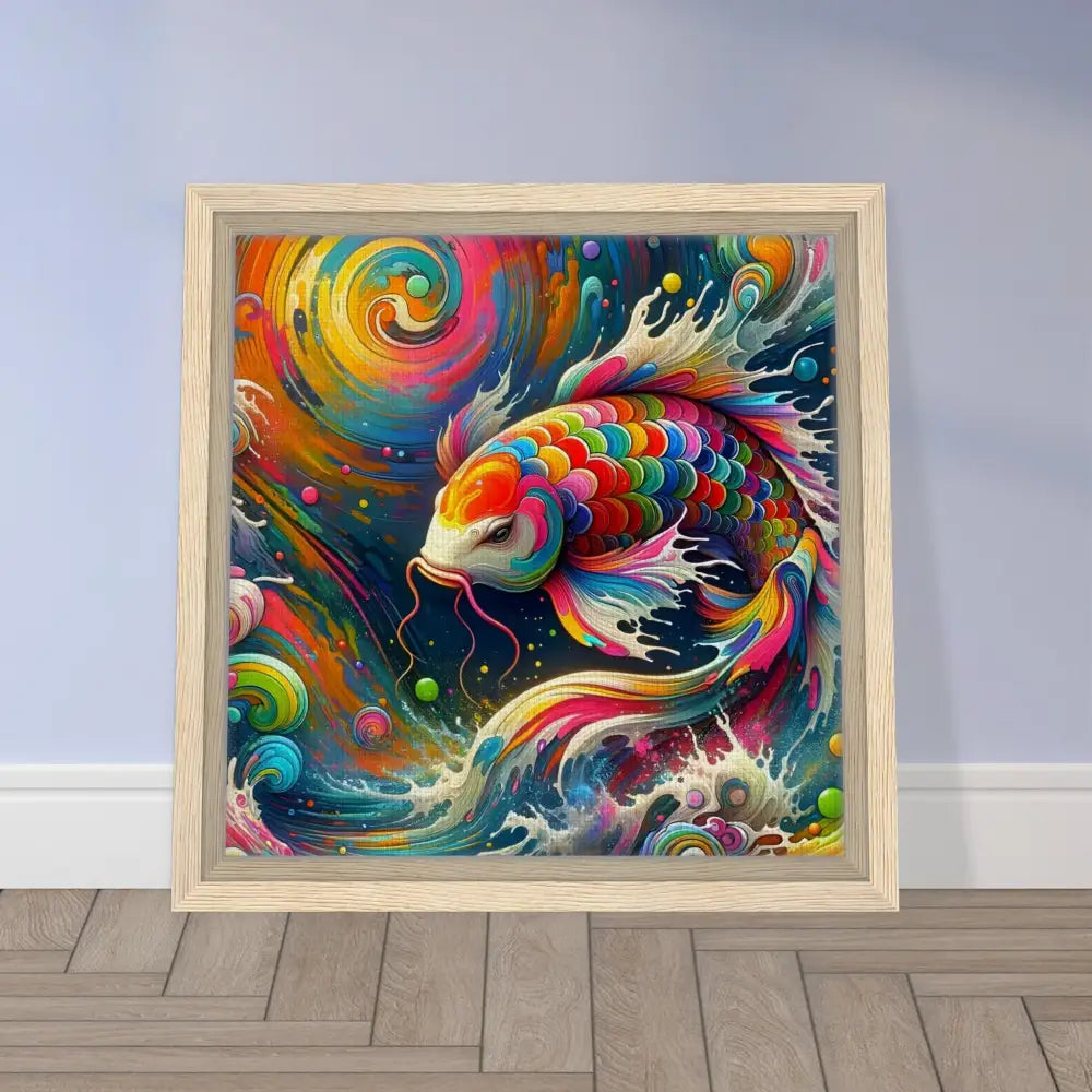 Framed colorful koi fish art on canvas in Rainbow Koi PixiOnyx Framed Koi Spirit Psychedelic Nature