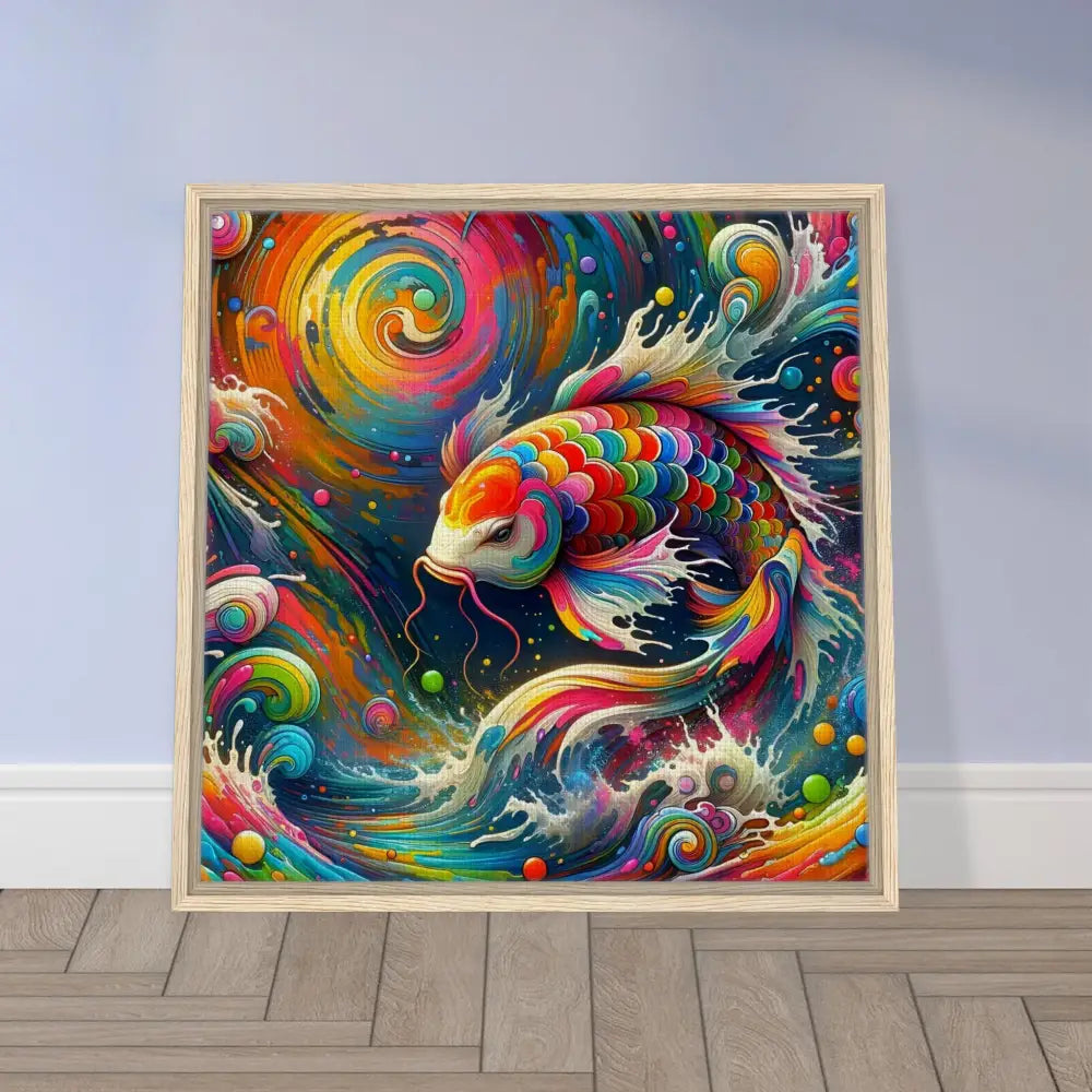 Framed colorful koi fish art on canvas in Rainbow Koi PixiOnyx framed gallery display