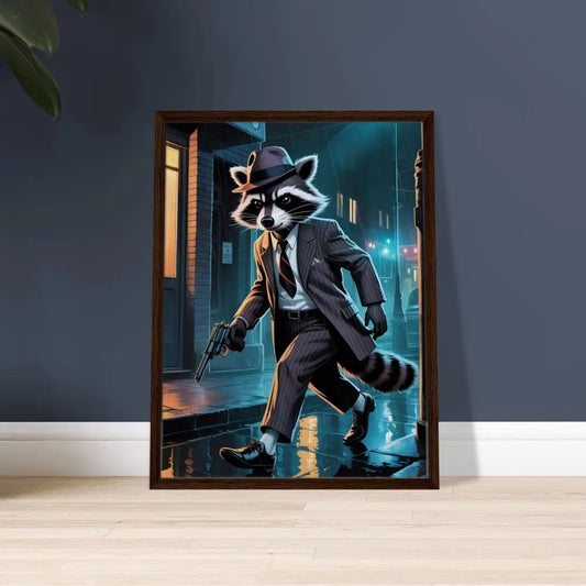 Framed canvas art of a raccoon gangster in noir alley swagger style
