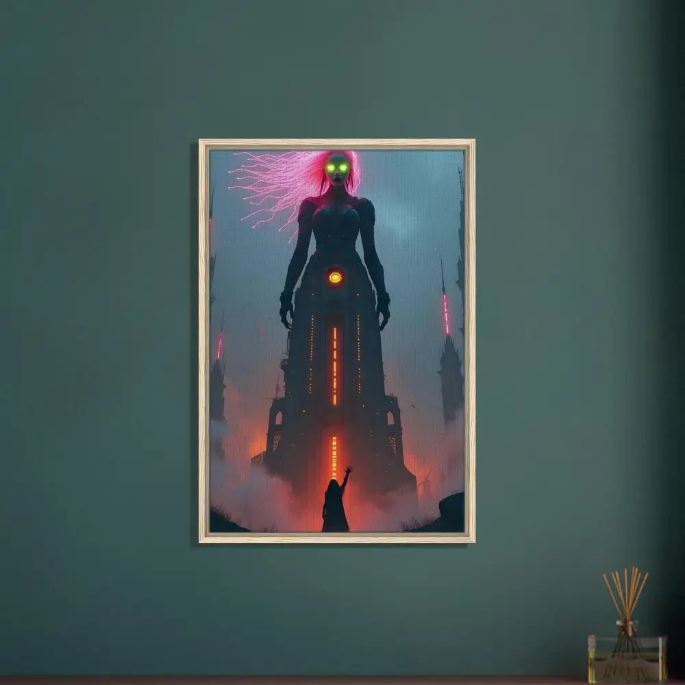 Framed fantasy sci-fi fairytale canvas art displayed in PixiOnyx Techno-Myth Showcase