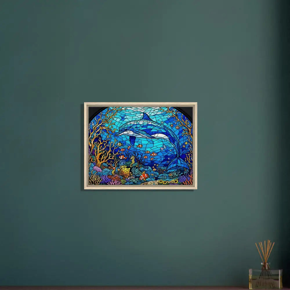 Framed stained-glass dolphin artwork from PixiOnyx Oceanlight Relic Sea Cathedral canvas