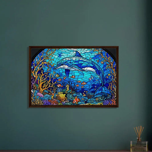 Framed stained-glass dolphin artwork on Canvas Sea Cathedral PixiOnyx Oceanlight Relic