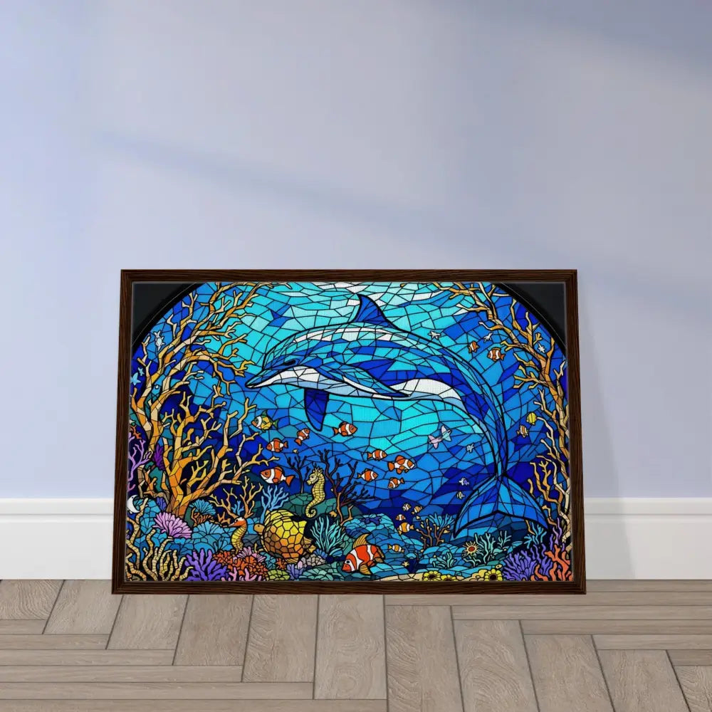 Framed dolphin stained glass artwork from PixiOnyx Oceanlight Relic Sea Cathedral collection