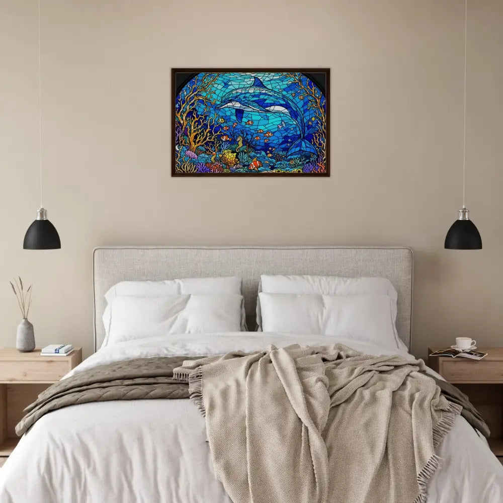 Framed dolphin stained-glass artwork from PixiOnyx Oceanlight Relic Sea Cathedral collection