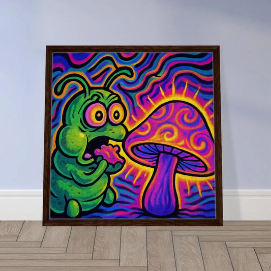 Framed psychedelic caterpillar and mushroom art on PixiOnyx Premium Canvas