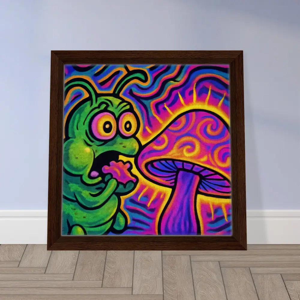 Framed psychedelic caterpillar and mushroom art on PixiOnyx Premium Canvas