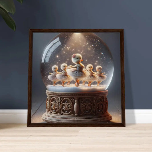 Framed canvas featuring snow globe with duck ballerinas whimsical winter print