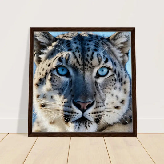 Framed snow leopard portrait on canvas in PixiOnyx Precision Predator Display