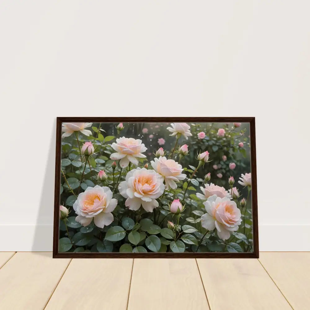 Framed Rose Garden Print on Canvas in Soft Petal Symphony Botanical Dreamscape style
