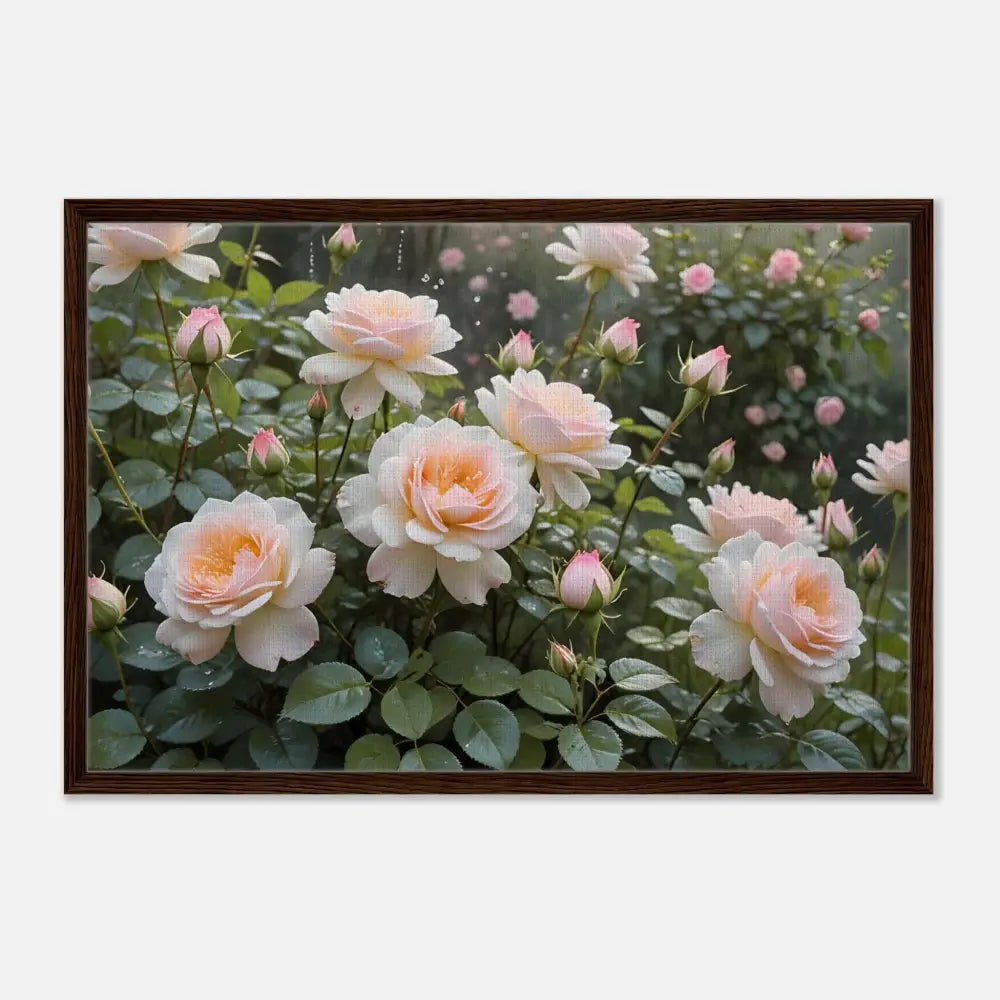 Framed rose garden artwork in PixiOnyx Canvas Soft Petal Symphony botanical decor