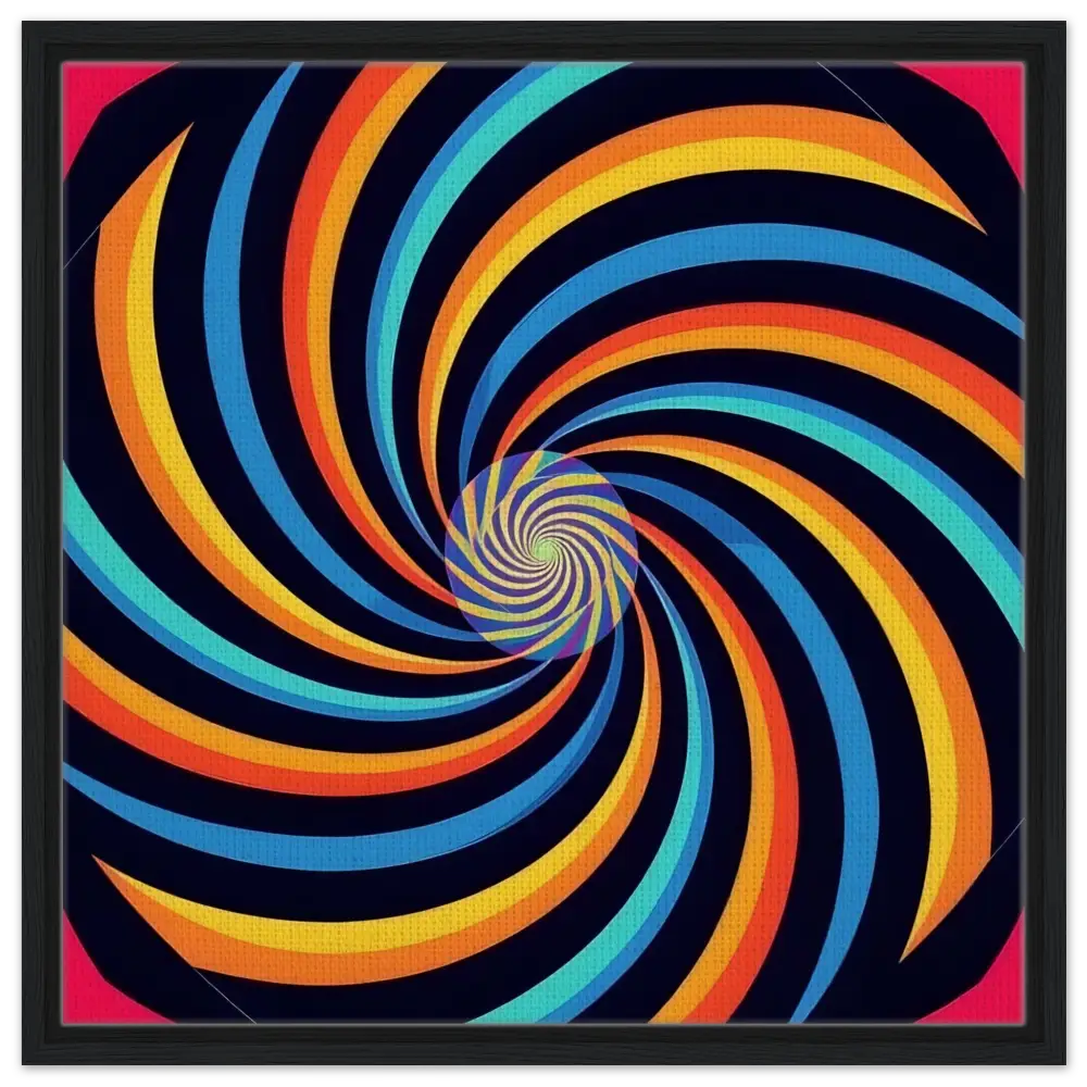 Framed colorful spiral artwork on canvas named Spirograph Swirl by PixiOnyx Luxe Geometry