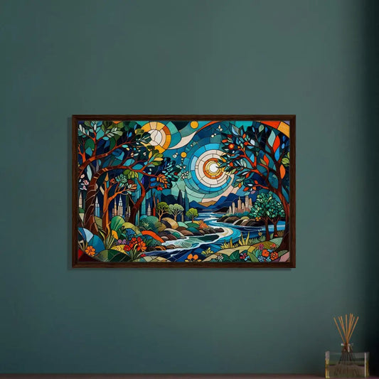 Framed stained-glass-style landscape art from PixiOnyx Stained Horizon collection