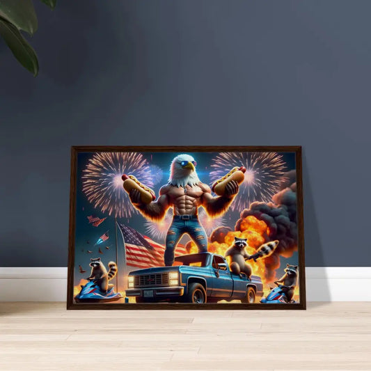 Framed patriotic artwork from PixiOnyx Absurdist Americana featuring stars stripes and hot dogs