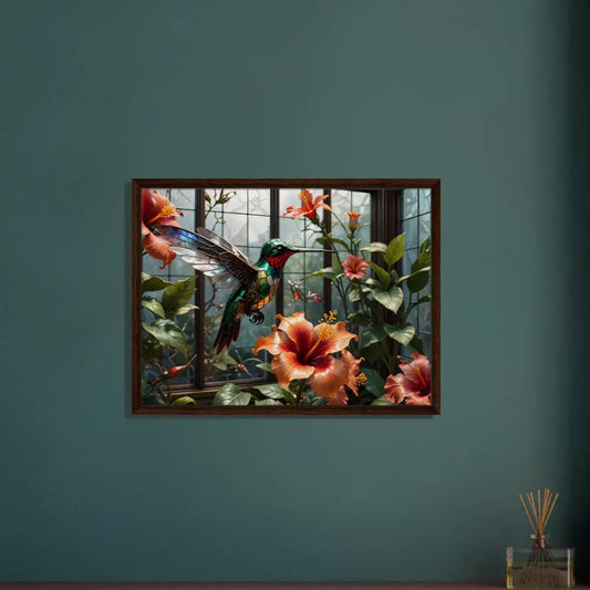 Framed hummingbird and hibiscus artwork for Steampunk Hummingbird Nature Decor at PixiOnyx